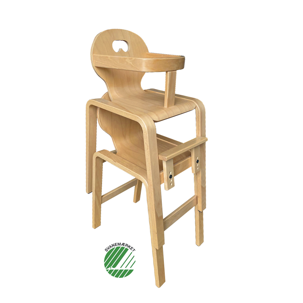 Svanemærket Panuline Stabel Højstol kan let omdannes til en almindelig stol ved at fjerne bøjle og fodstøtte - multifunktionel højstol - pædagogiske møbler fra Klarskov møbler ApS