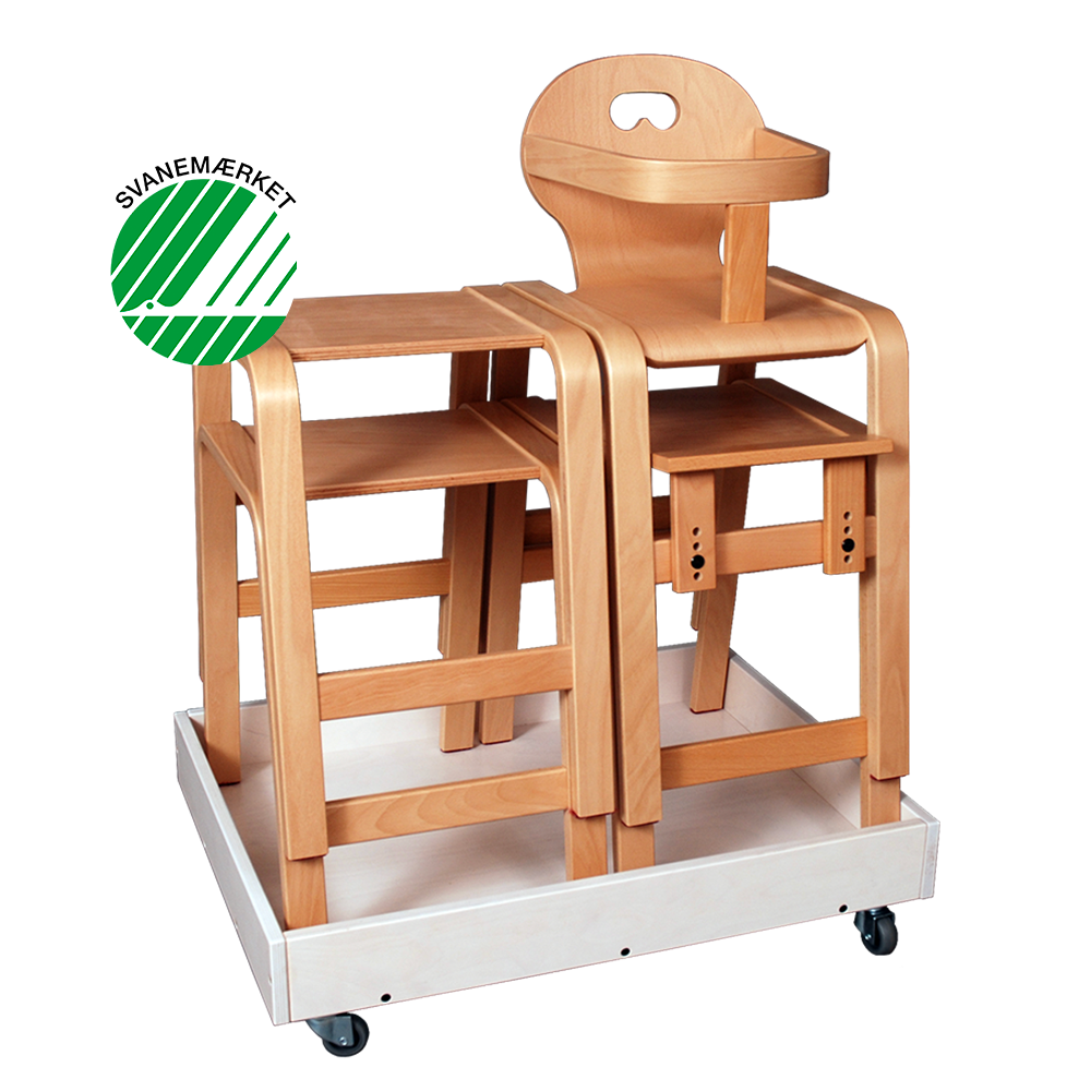 Panuline Stabel Højstol til babyer og børn kan stables på taburetvogn fra Klarskov møbler ApS.
