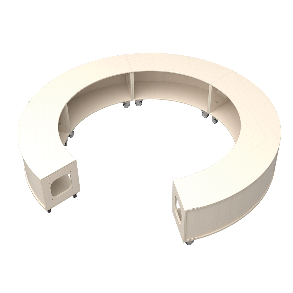 Bue Bænk er en buet bænk med udvendig birke beklædning, lav mobil og fleksibel bænk med låsbare hjul, plads til opbevaring, kan danne rumforløb og også afskærmning, 5 bænke sat sammen til cirkel, fås hos Klarskov møbler