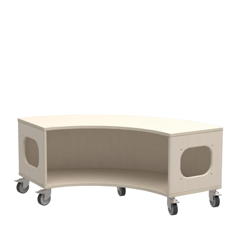 Bue Bænk er en buet bænk i lav højde med låsbare hjul, en fleksibel rumdeler med siddeplads, der kan sættes sammen til større rumforløb til pædagogisk indretning, fås hos Klarskov møbler
