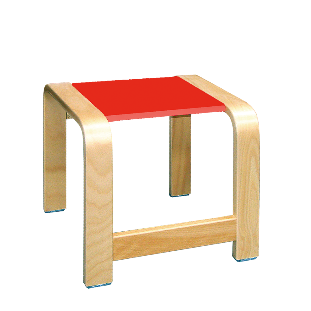 Lille Panuline Taburet af træ til små børn med forspændte bøgeben med rødt sæde fås hos Klarskov møbler ApS designet af Hans Klarskov i 1979