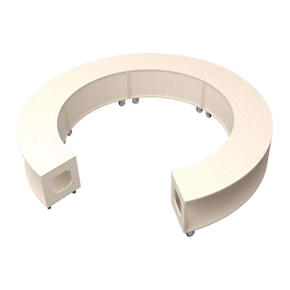 Bue Reol er en buet reol med indvendig beklædning, lav mobil og fleksibel reol og rumdeler med låsbare hjul, plads til opbevaring, kan danne rumforløb og også afskærmning, 5 reoler sat sammen til cirkel, fås hos Klarskov møbler