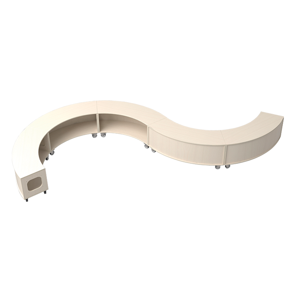 Bue Reol er en mobil og fleksibel lav reol og rumdeler med låsbare hjul, plads til opbevaring, kan danne rumforløb og også afskærmning, 5 reoler sat sammen til slange form fås hos Klarskov møbler