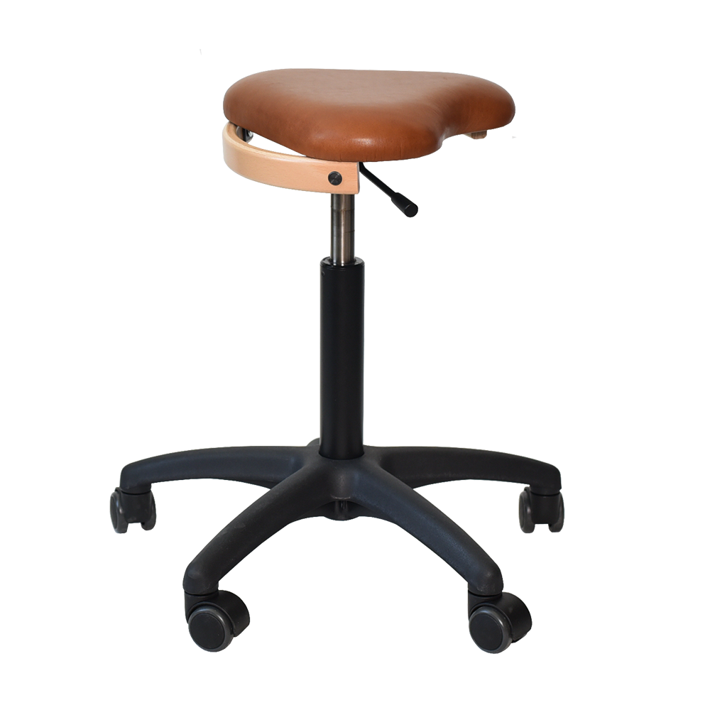 Ergoret Arbejdsstol ergonomisk stol fra Klarskov møbler ApS med gaspatron, sikkerhedshjul og polstret sæde med kvalitetslæder designet af pædagog Hans Klarskov i samarbejde med en ergoterapeut i 1995
